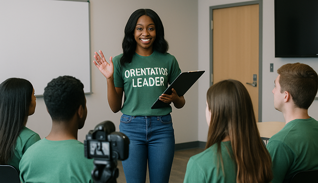 Orientation leaders watching onboarding content created with AI video creation tool for campuses