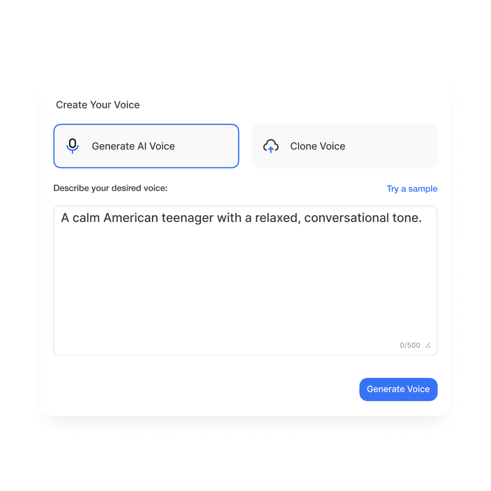 Create AI custom voice in Visla — prompt our AI and upload a short sample so the generator learns your style