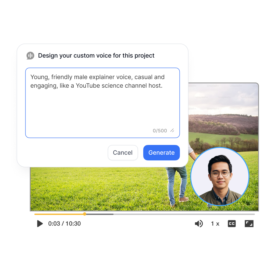 Create AI custom voice — use your saved voice to generate narration in one click and pair with an AI avatar