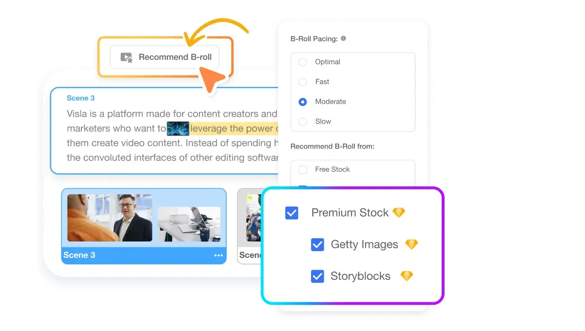 Enterprise stock media library in Visla with Getty Images integration for sourcing professional video footage, images, and music