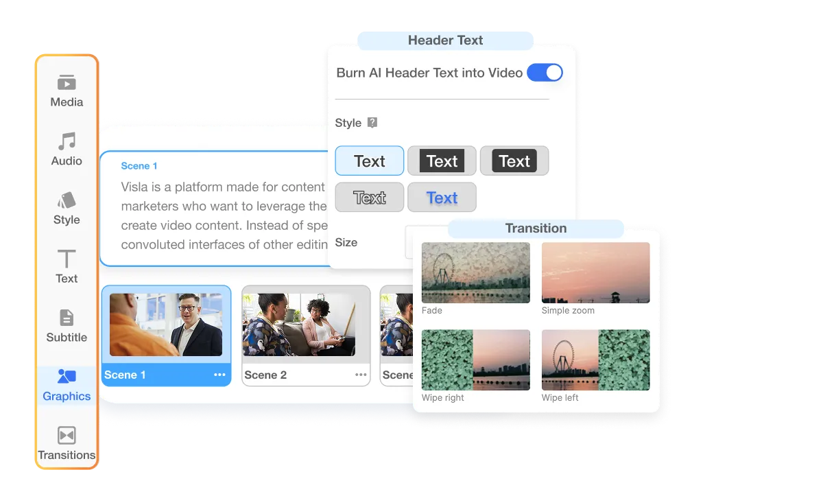 Create narrative videos with Visla and make edits anytime—adjust text, transitions, branding, and more.