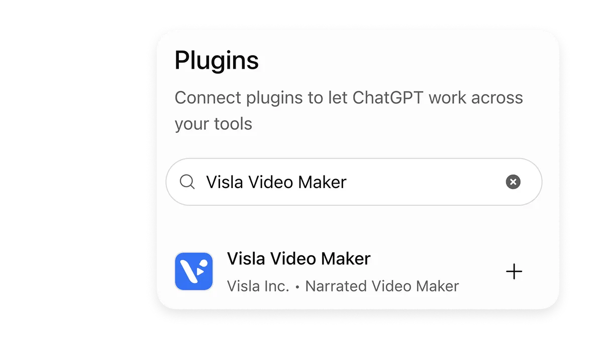 ChatGPT Plugin Directory showing Visla Video Maker in the search results with an option to add the plugin.