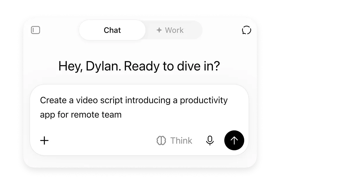 ChatGPT conversation showing a prompt to create a video script introducing a productivity app for remote teams.