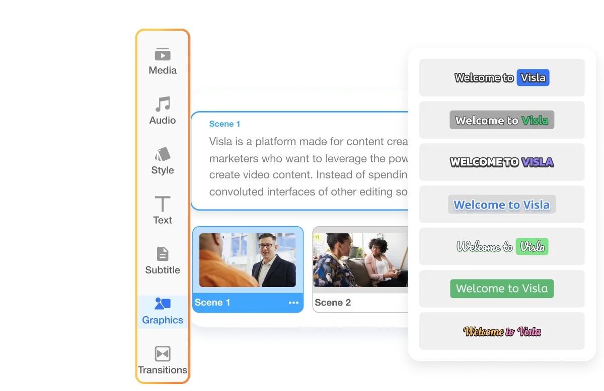 Visla Scene-Based Editor showing editable video scenes, footage, narration, and graphics.